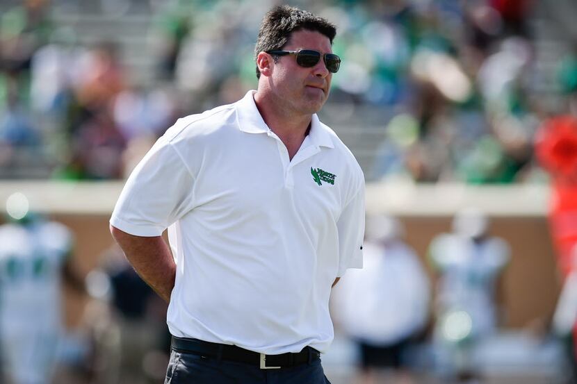 North Texas head coach Seth Littrell watches over his team during the Green-White Spring...
