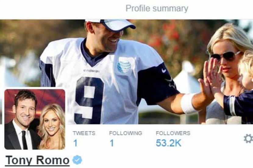 Tony Romo's twitter account includes his first tweet.