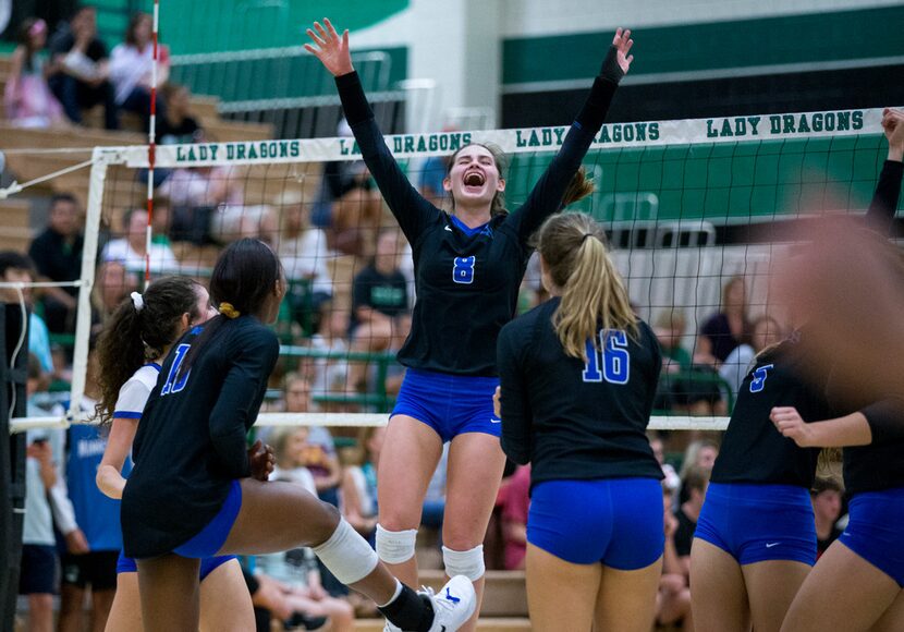 Byron Nelson outside hitter Paige Flickinger (8) celebrates with her teammates during a...