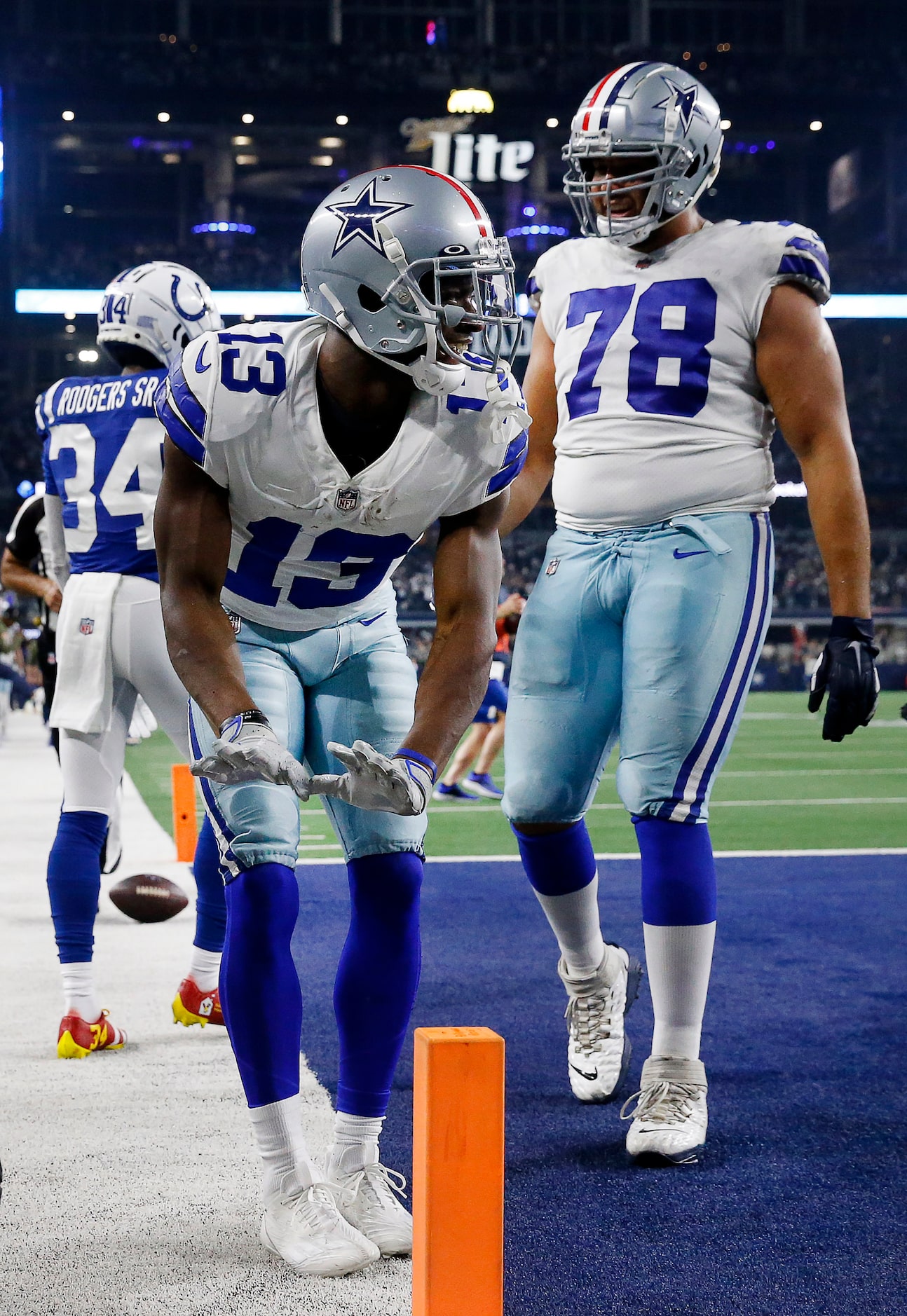 Dallas Cowboys wide receiver Michael Gallup (13) celebrates his fourth quarter touchdown...