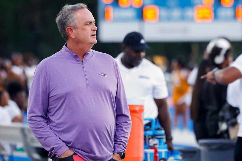 TCU head coach Sonny Dykes watches from the sidelines before the South Oak Cliff at Parish...