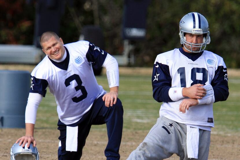 Dallas Cowboys back-up quarterbacks Jon Kitna (3) and Kyle Orton (18), stretching during...