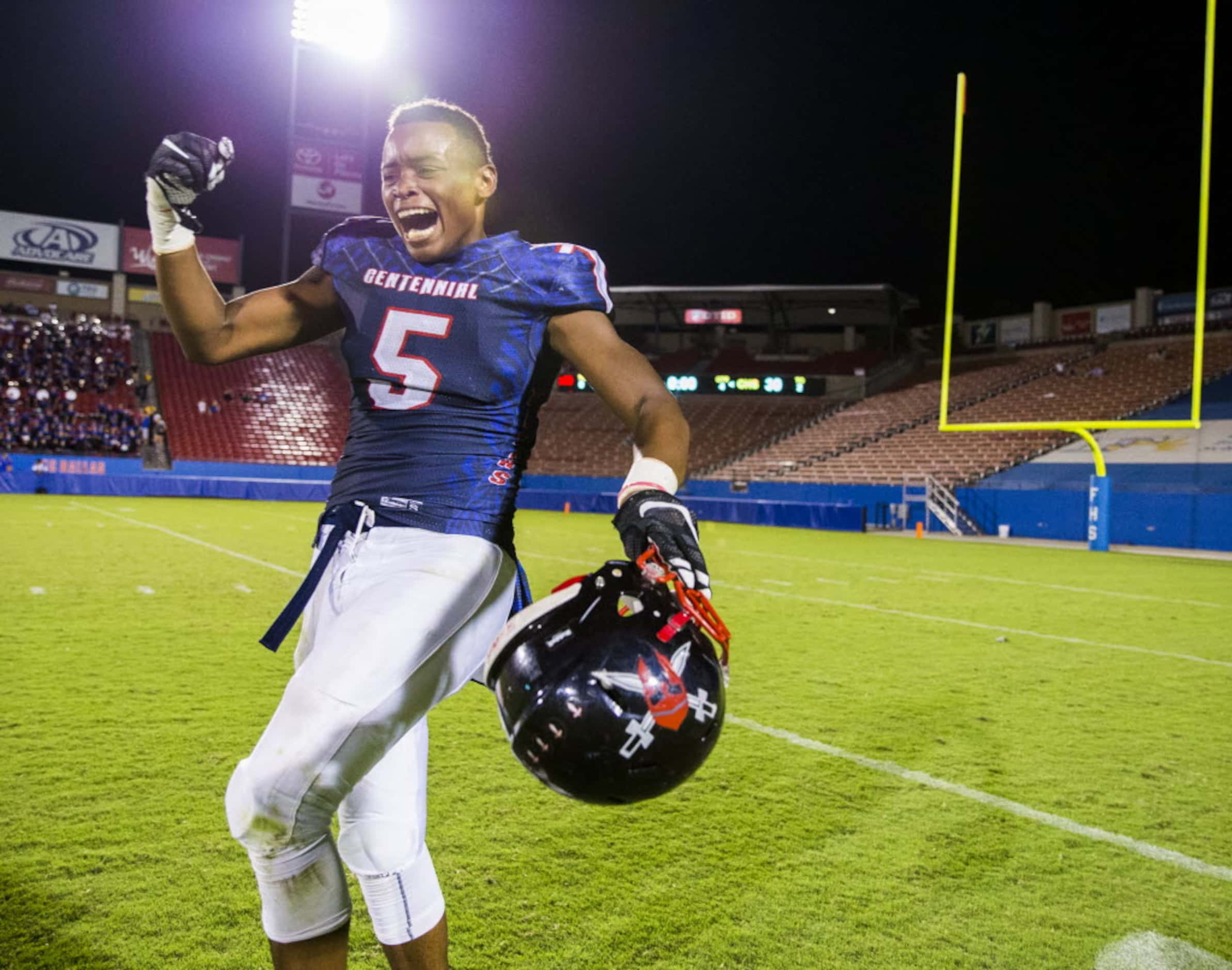 Frisco Centennial wide receiver Kenny Nelson (5) celebrates after he catches a pass in the...