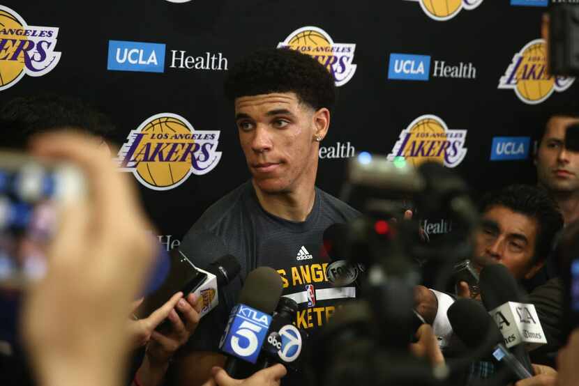 EL SEGUNDO, CA - JUNE 07:  NBA Prospect Lonzo Ball speaks with the media after a workout...