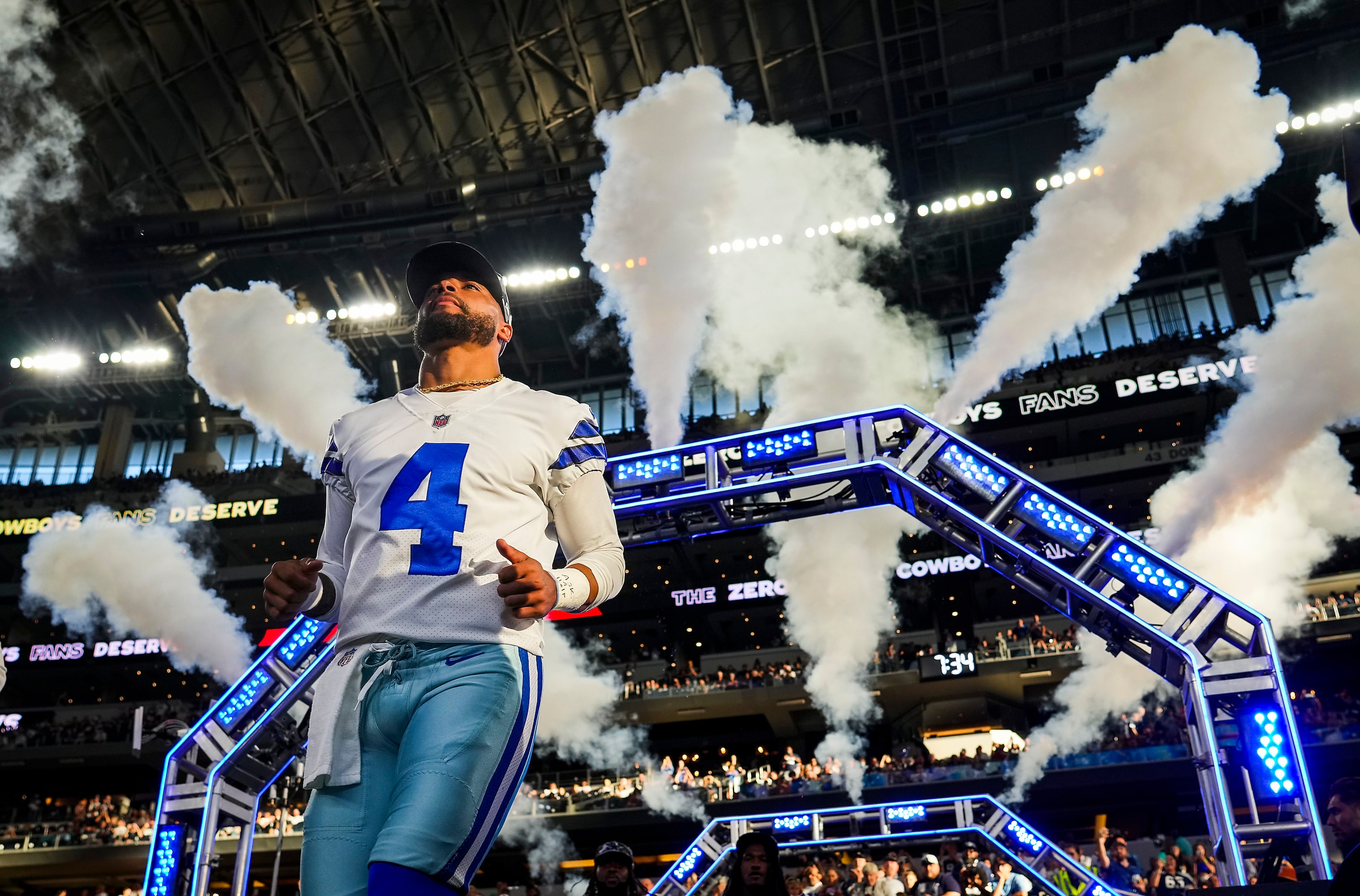 Dallas Cowboys quarterback Dak Prescott (4) takes the field before an NFL preseason football...