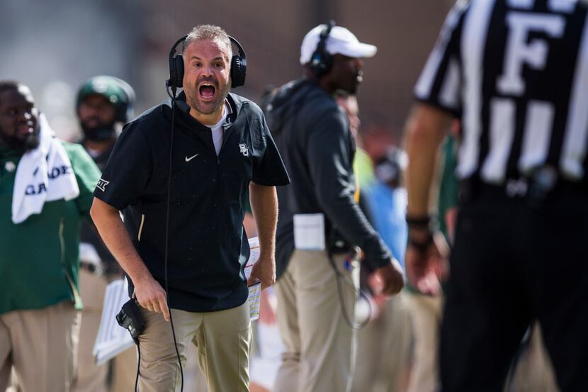 FILE - Baylor Bears head coach Matt Rhule yells at a referee during the first quarter of a...