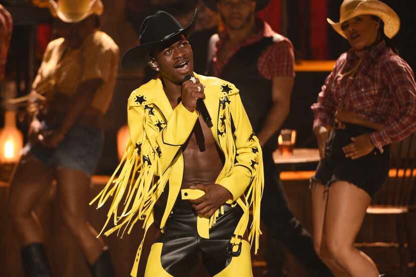 This June 23, 2019 file photo shows Lil Nas X performing "Old Town Road" at the BET Awards...