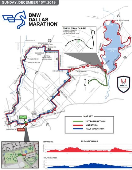 The scheduled route for the 2019 BMW Dallas Marathon.