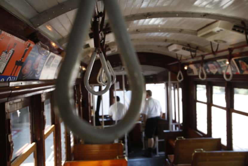 Hand rail holders on the McKinney Avenue Trolley in Dallas, Texas on Wednesday, August 29,...