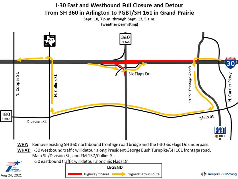 A map from the Texas Department of Transportation shows the detour routes for motorists...