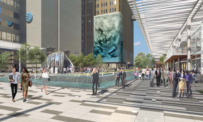 AT&T's downtown Dallas Discovery District, shown in a rendering, starts opening later this...