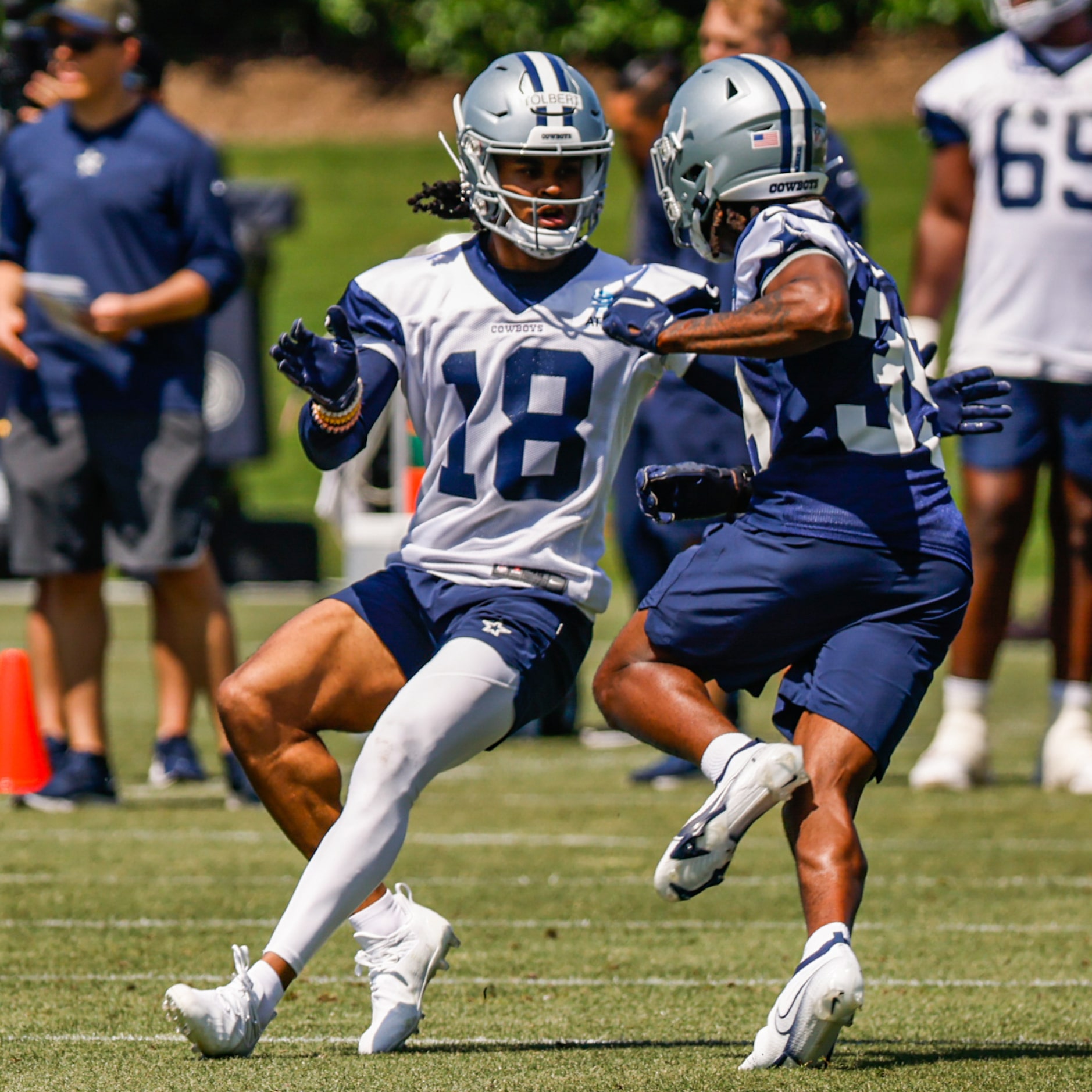 Dallas Cowboys wide receiver (18) Jalen Tolbert during a Cowboys rookie minicamp at The Star...