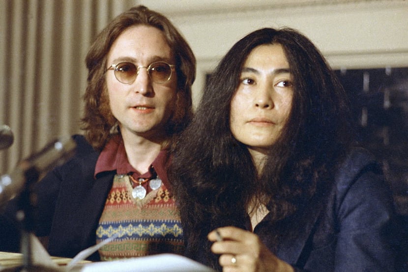In this April 1973 file photo, musicians John Lennon and Yoko Ono address a press conference. 