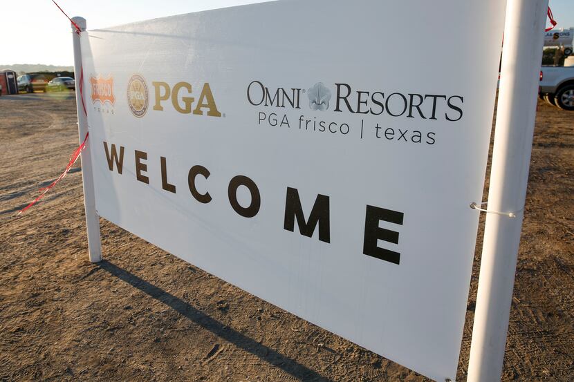 A sign welcoming media and VIP visitors to an early tour of the future site of PGA of...