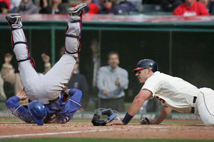 ORG XMIT: 1087337 Cleveland Indians' Travis Hafner looks to see if Texas Rangers catcher...