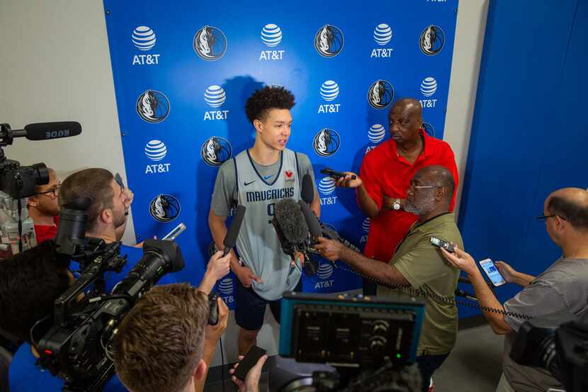 Dallas Mavericks prospect and forward Isaiah Roby speaks to reporters after basketball...