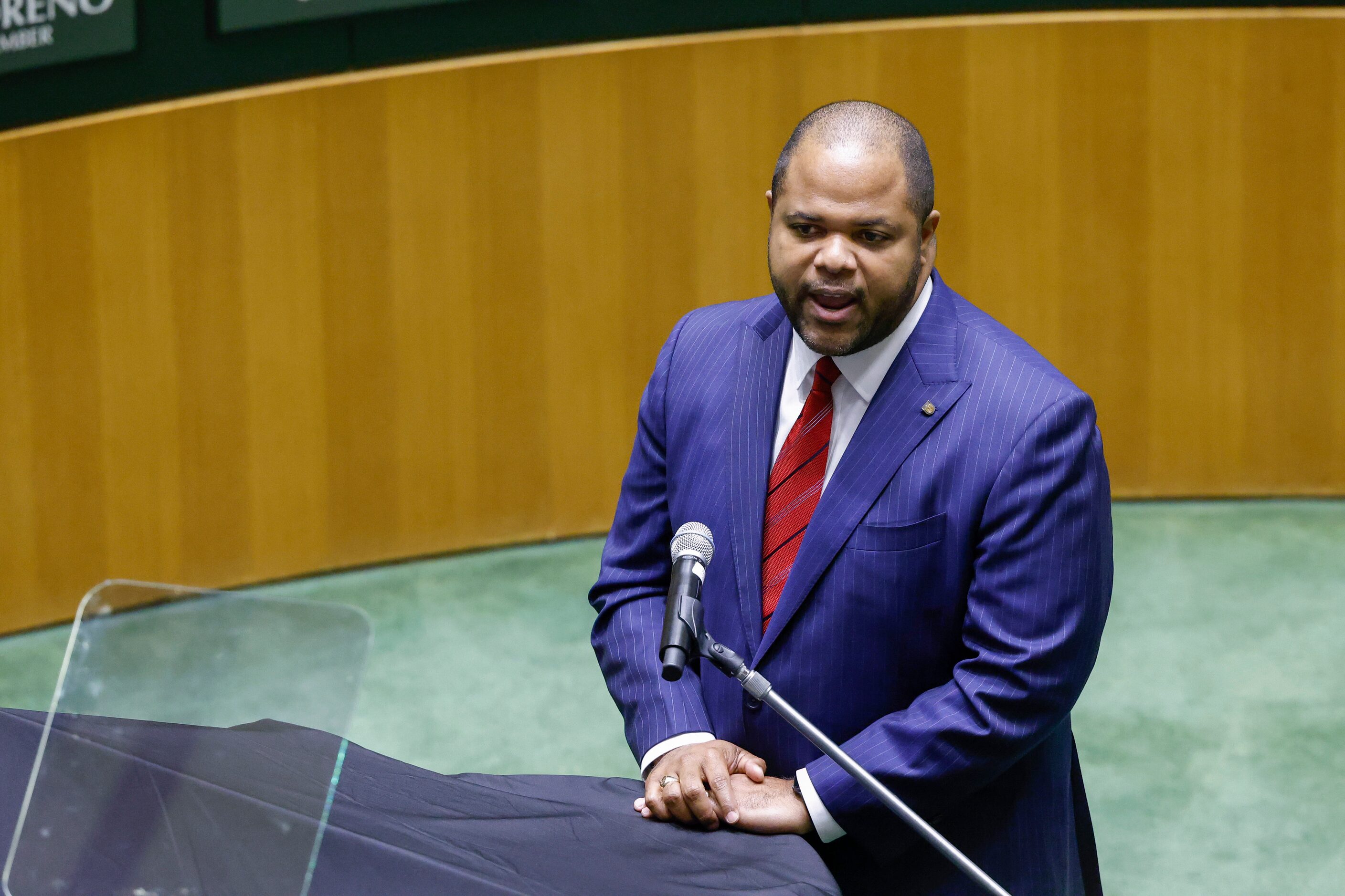 Dallas Mayor Eric Johnson speaks during his state of the city address at City Hall in Dallas...