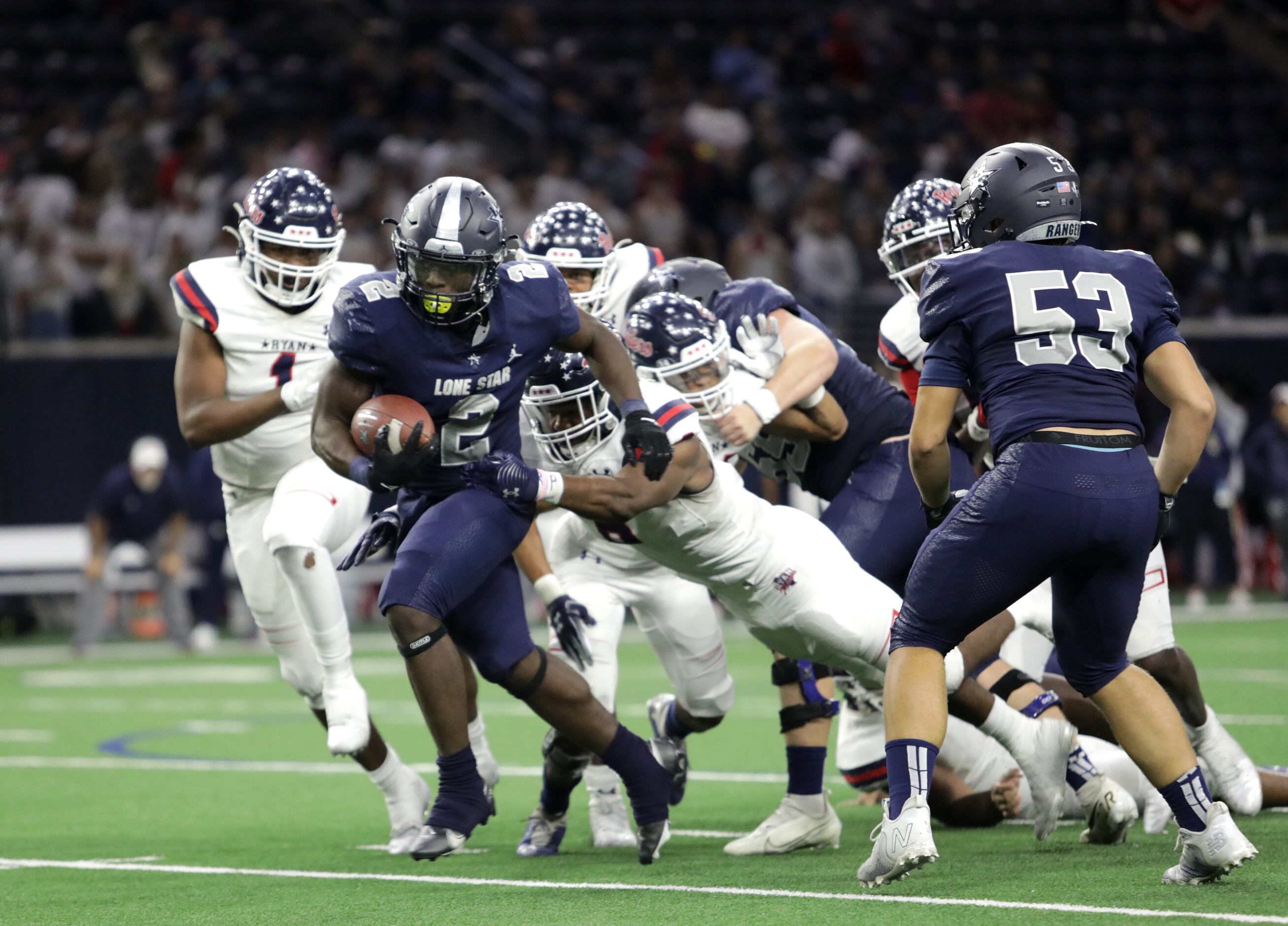 Lone Star player #2, Ashton Jeanty, breaks through during the Denton Ryan vs. Frisco Lone...