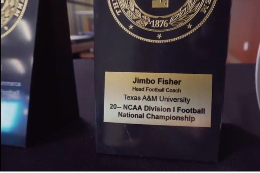 A look at the championship plaque given to new Texas A&M coach Jimbo Fisher by A&M system...