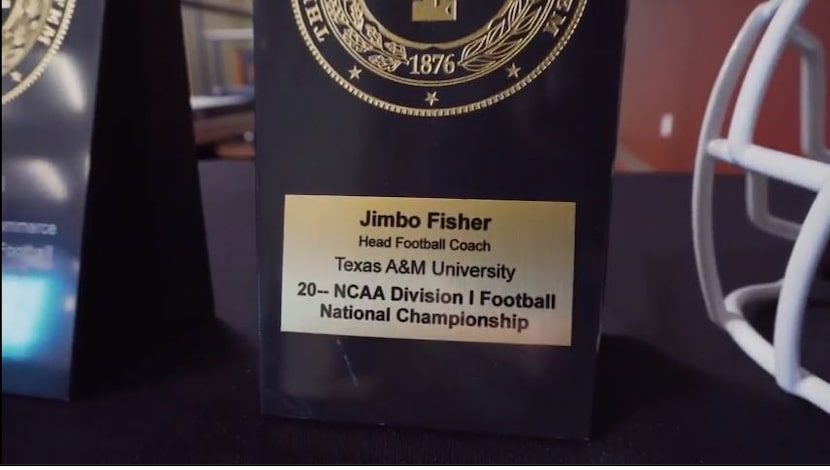 A look at the championship plaque given to new Texas A&M coach Jimbo Fisher by A&M system...