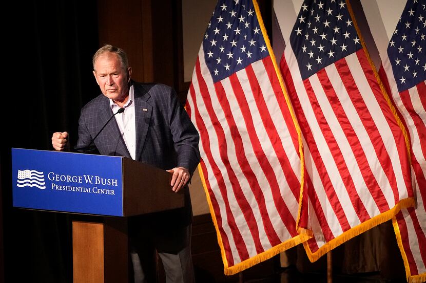 Former President George W. Bush delivers remarks before a screening of the new documentary...