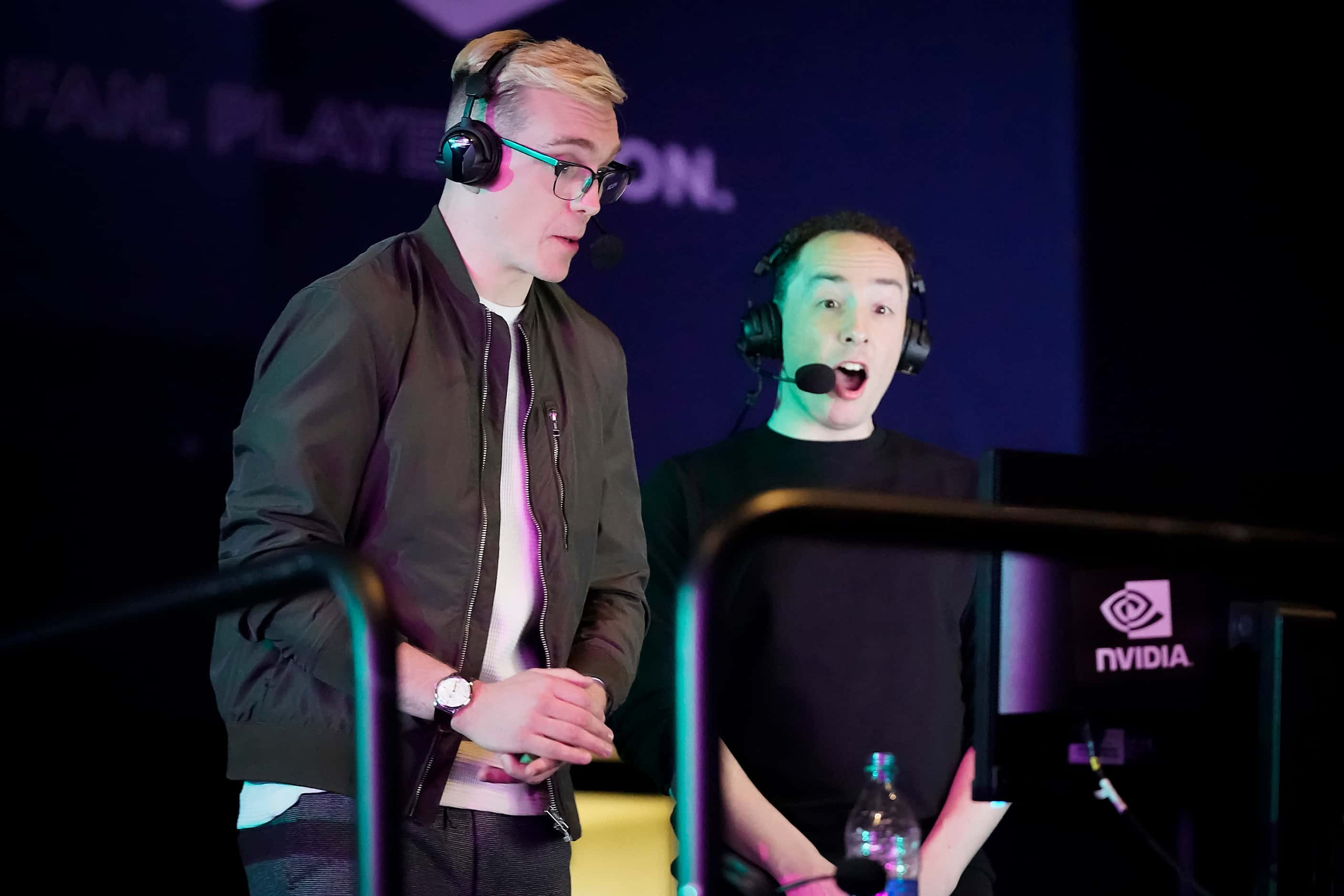 Announcers Brennon Hook (left) and Josh Wilkinson call a Overwatch League match between the...