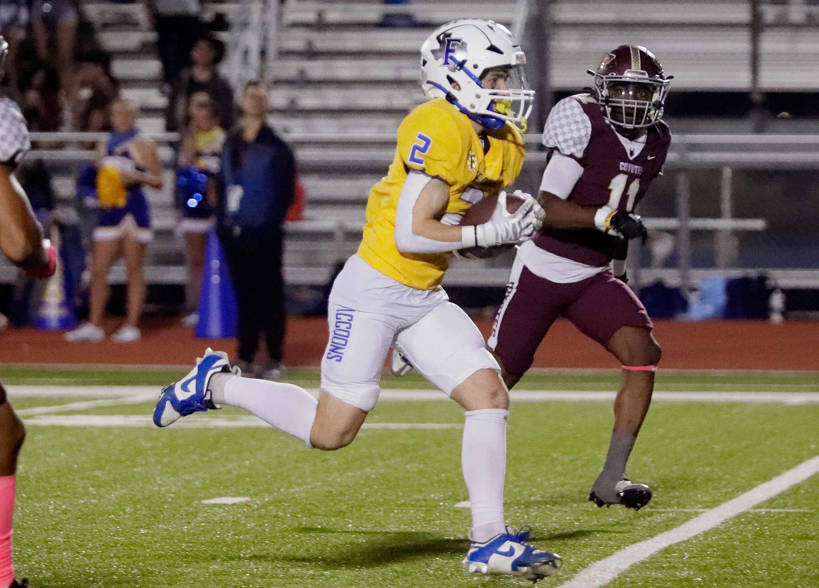 Frisco High School wide receiver Jackson Voris (2) catches a touchdown pass during the first...