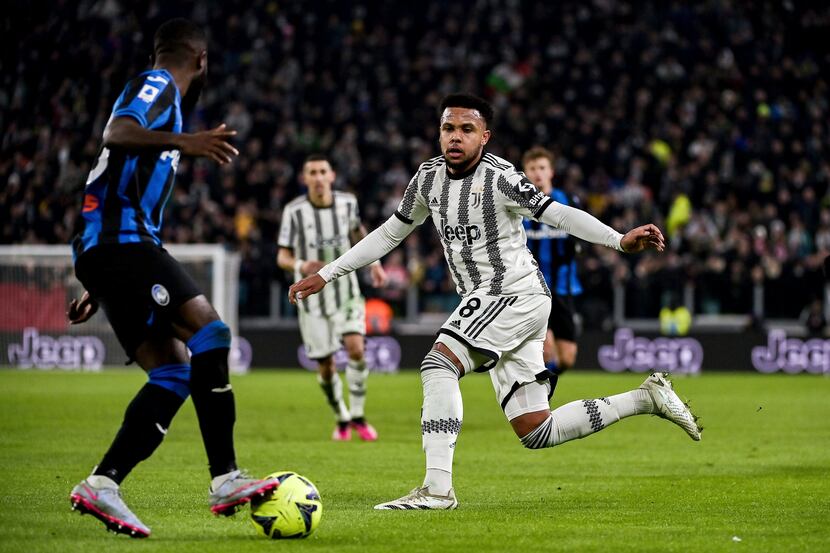 Juventus' Weston McKennie, right, and Atalanta's Jeremie Boga celebrates scoring during the...