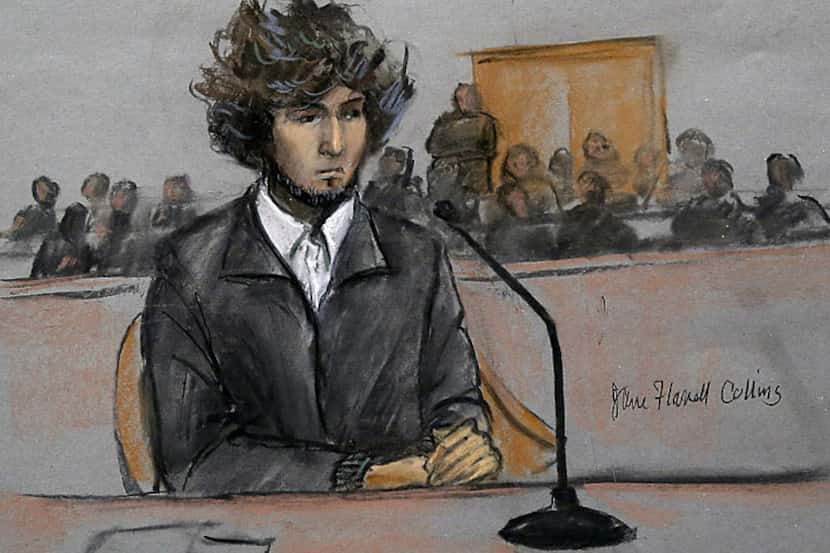 This courtroom sketch shows Boston Marathon bombing suspect Dzhokhar Tsarnaev during a Dec....