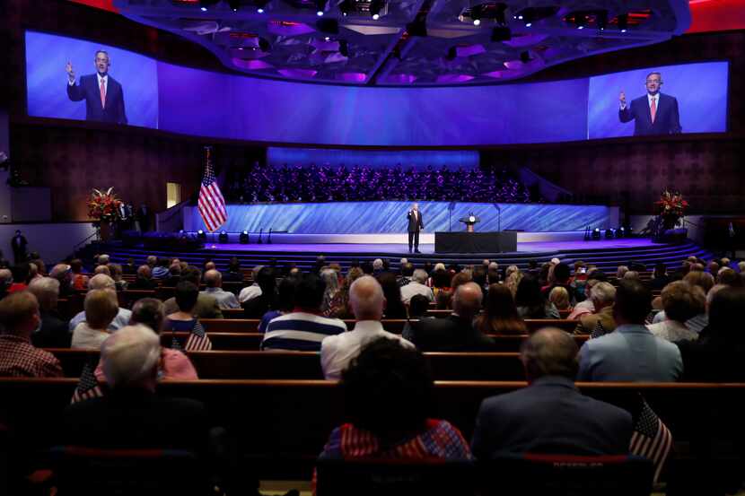 Senior Pastor Robert Jeffress preaches to his audience at First Baptist Church Dallas. A...