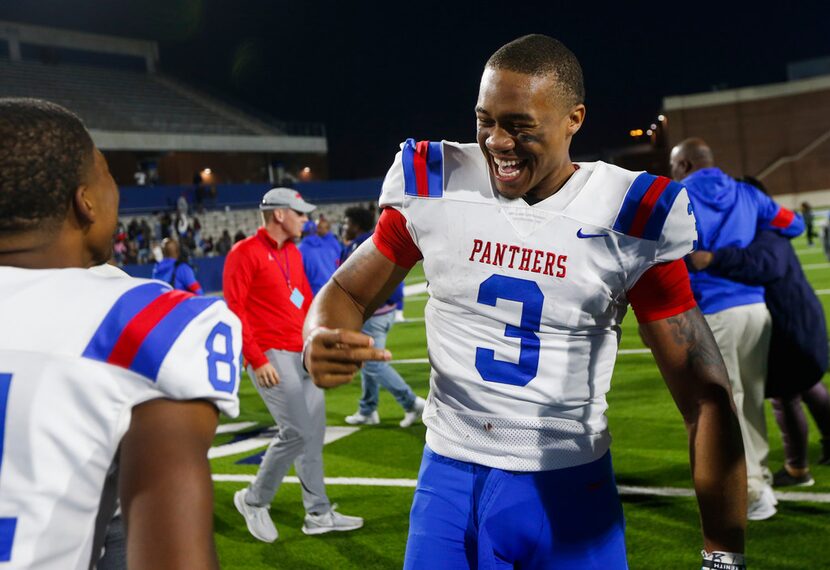 Duncanville quarterback Ja'Quinden Jackson (3) celebrates following a win over Southlake...