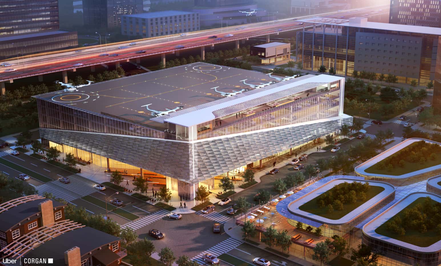 Dallas-based architectural firm Corgan's suburban skyport concept would be built atop an...