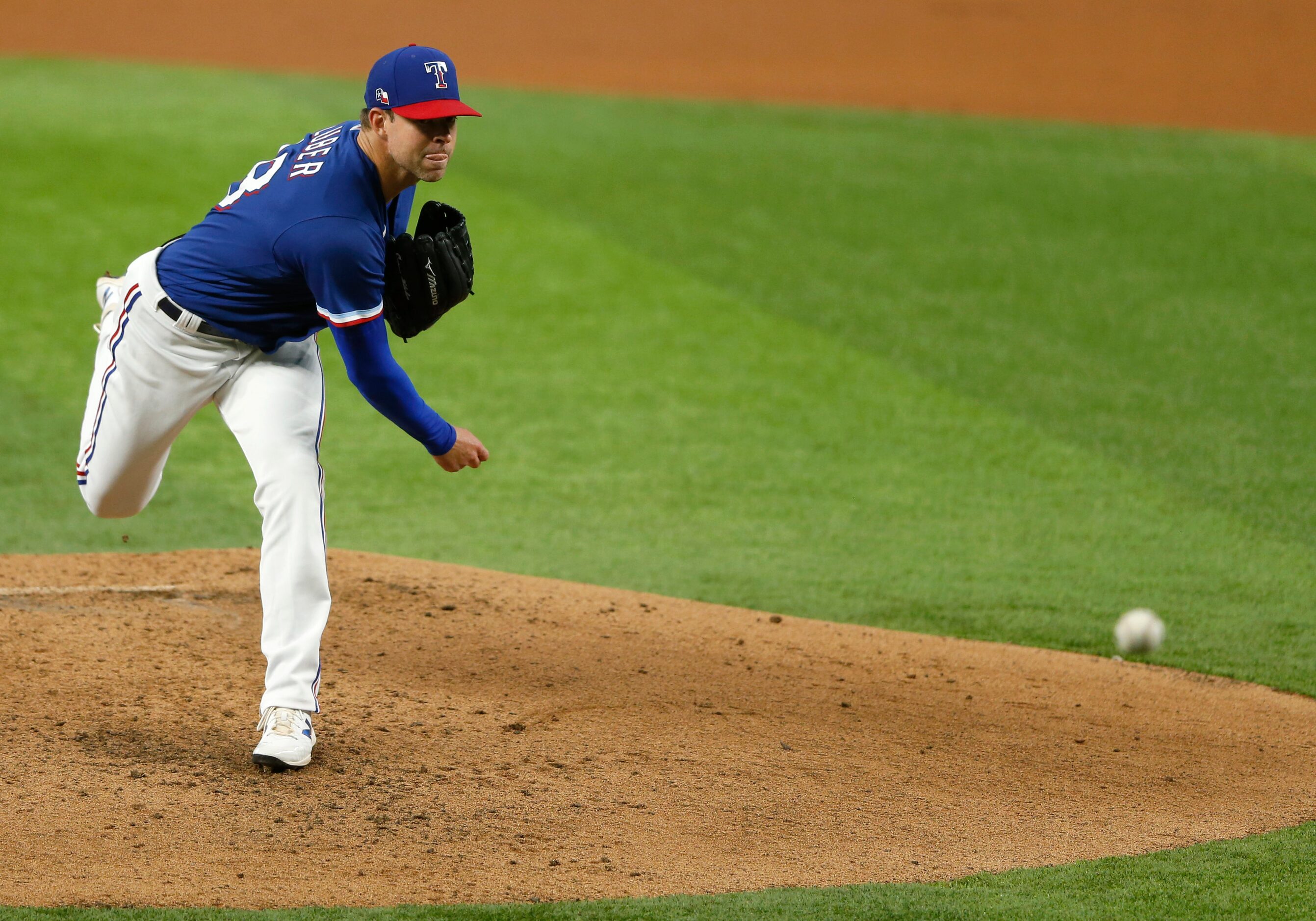 Texas Rangers pitcher Corey Kluber (28) pitches during Texas Rangers 2020 Summer Camp at...