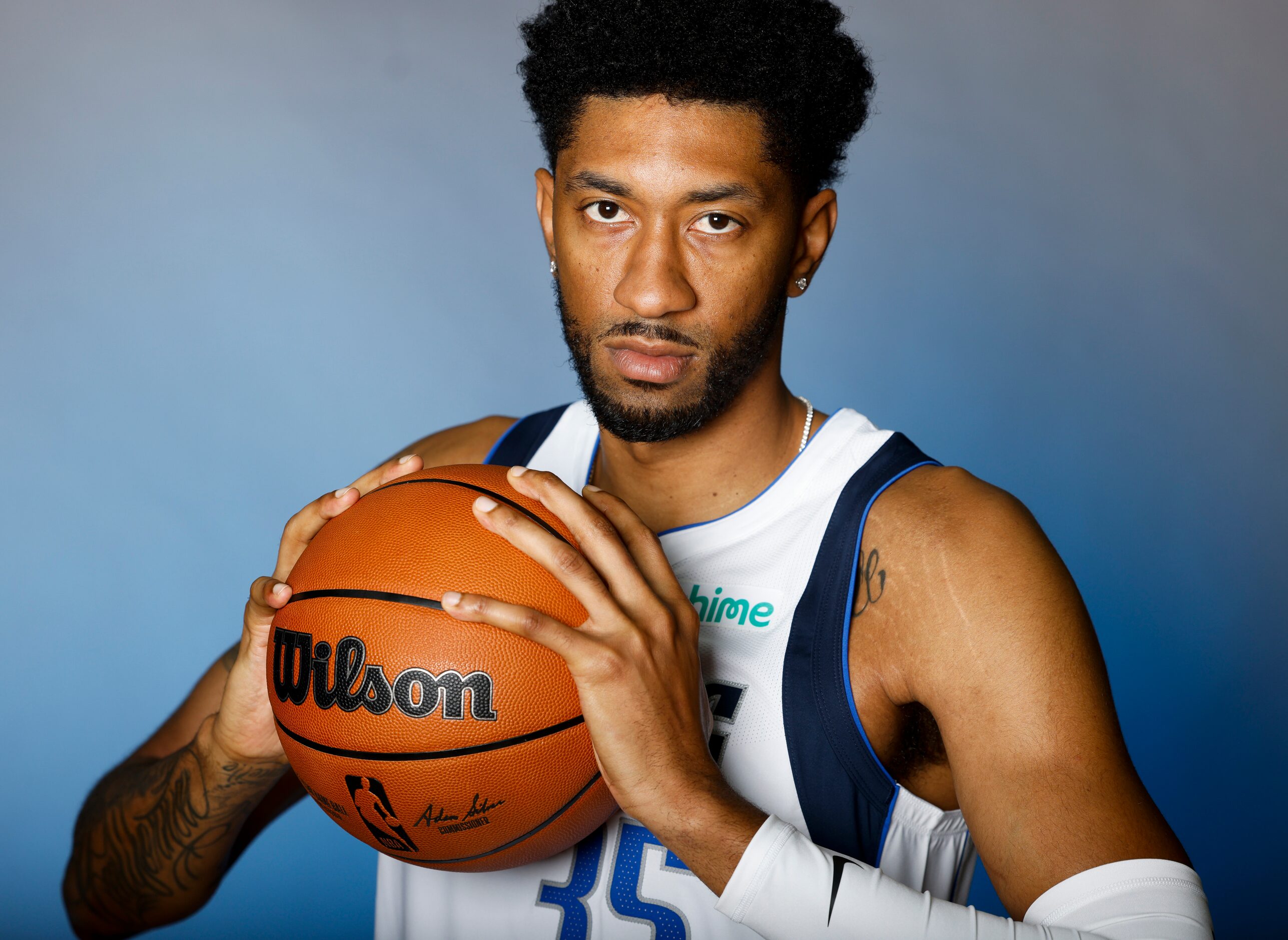 Dallas Mavericks’ Christian Wood is photographed during the media day at American Airlines...