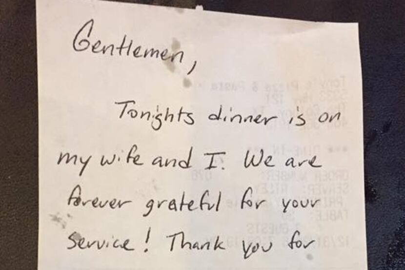 The couple left a note thanking the officers for their service and let them know their...