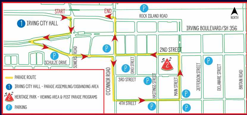 Mapa del desfile del Cuatro de Julio en Iriving.