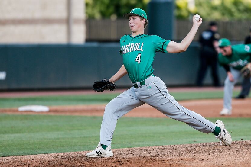 Southlake Carroll's starting pitcher Cutter Sippel throws during the first inning in game...