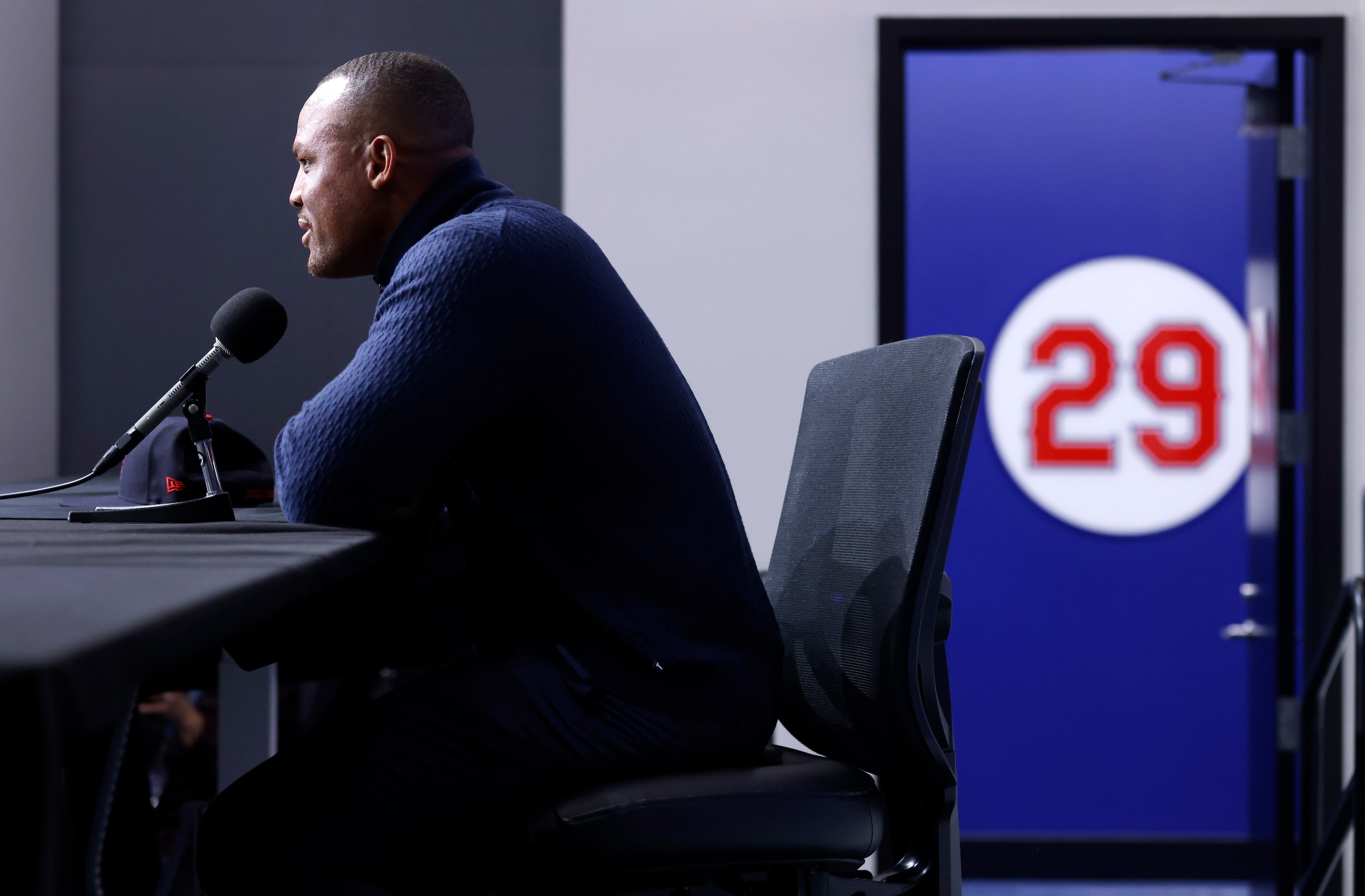 Former Texas Rangers third baseman Adrián Beltré (#29) speaks to the media at Globe Life...