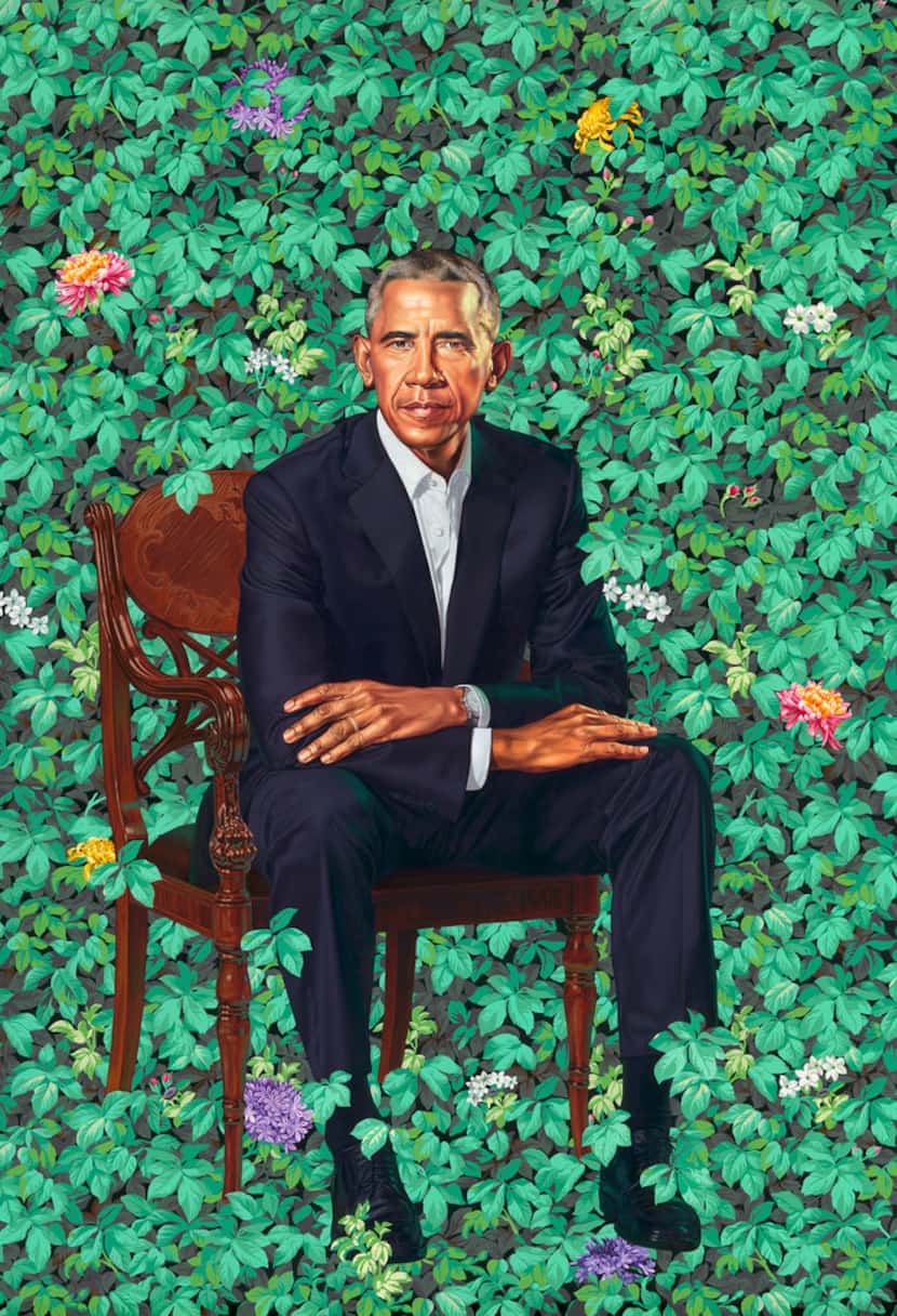 Former President Barack Obama's portrait by Kehinde Wiley, oil on canvas, unveiled at the...