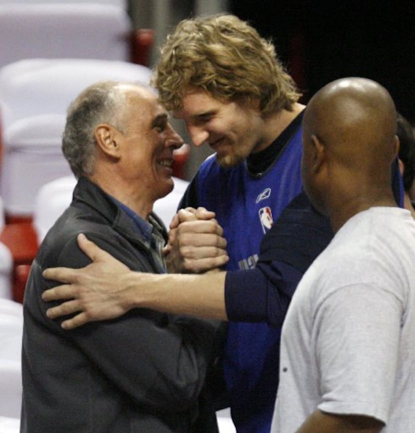 Dallas Mavericks Dirk Nowitzki greets his mentor Holger Geschwindner before practice for the...