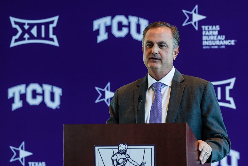 Texas Christian University's head football coach, Sonny Dykes, speaks at a news conference...