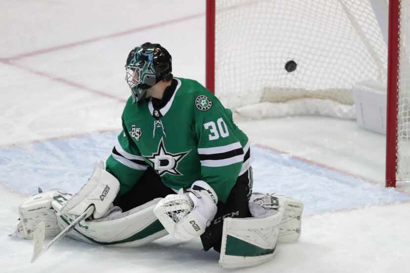 Dallas Stars goaltender Ben Bishop (30) allows the goal by Columbus Blue Jackets right wing...