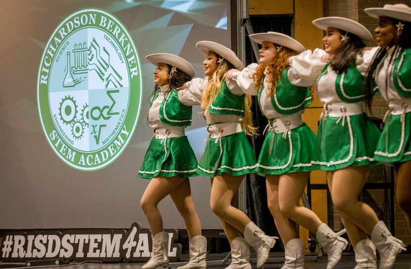 Drill team members at Berkner High School participate in a pep rally celebrating the launch...
