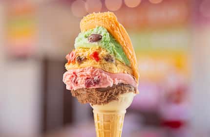 The traditional Rainbow Cone includes five ice cream flavors stacked in this order:...