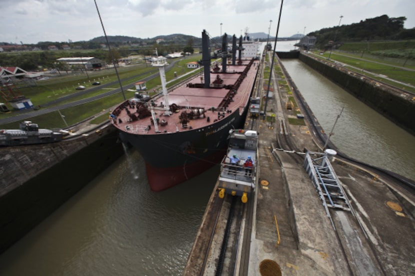 A ship makes its way through the Miraflores locks of the Panama Canal near Cocoli, Panama.