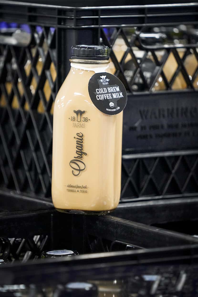 A bottle of cold brew coffee milk photographed in the cooler at 1836 Farms in Terrell on...