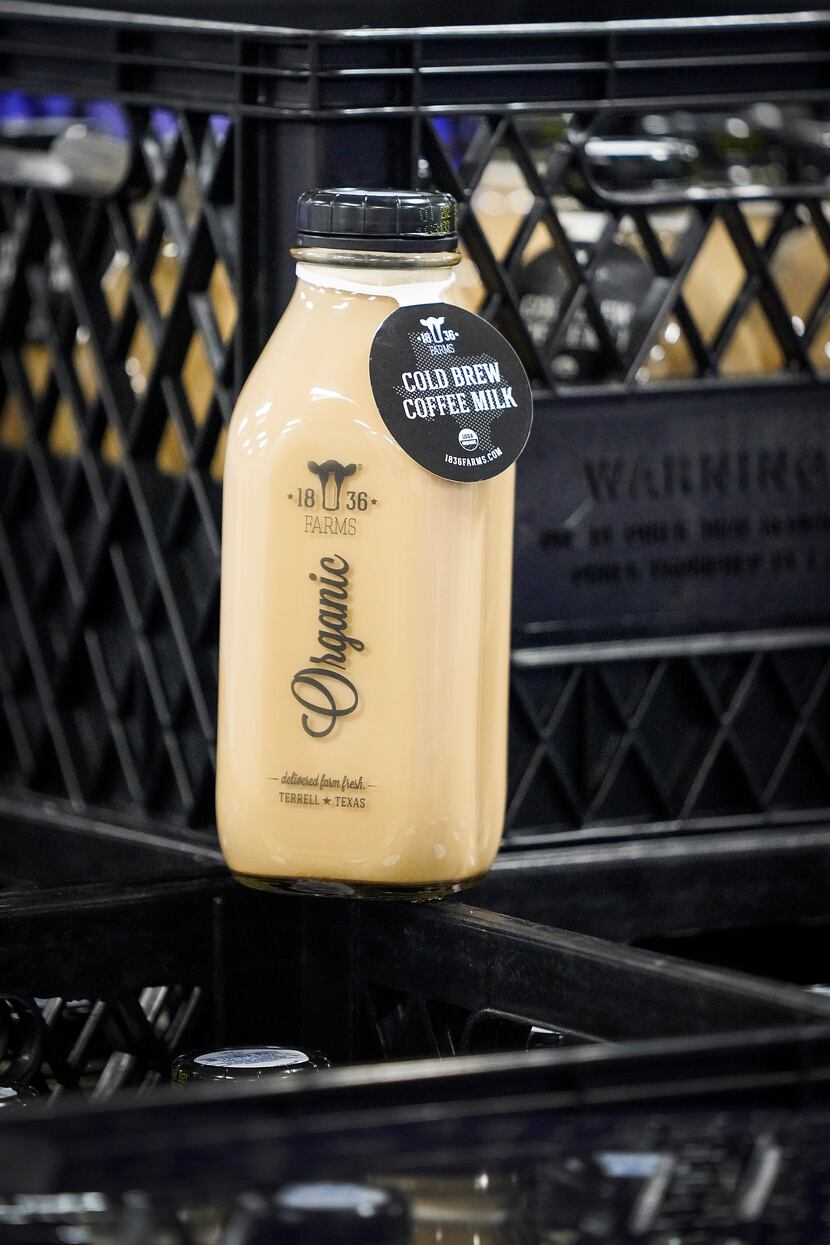 A bottle of cold brew coffee milk photographed in the cooler at 1836 Farms in Terrell on...