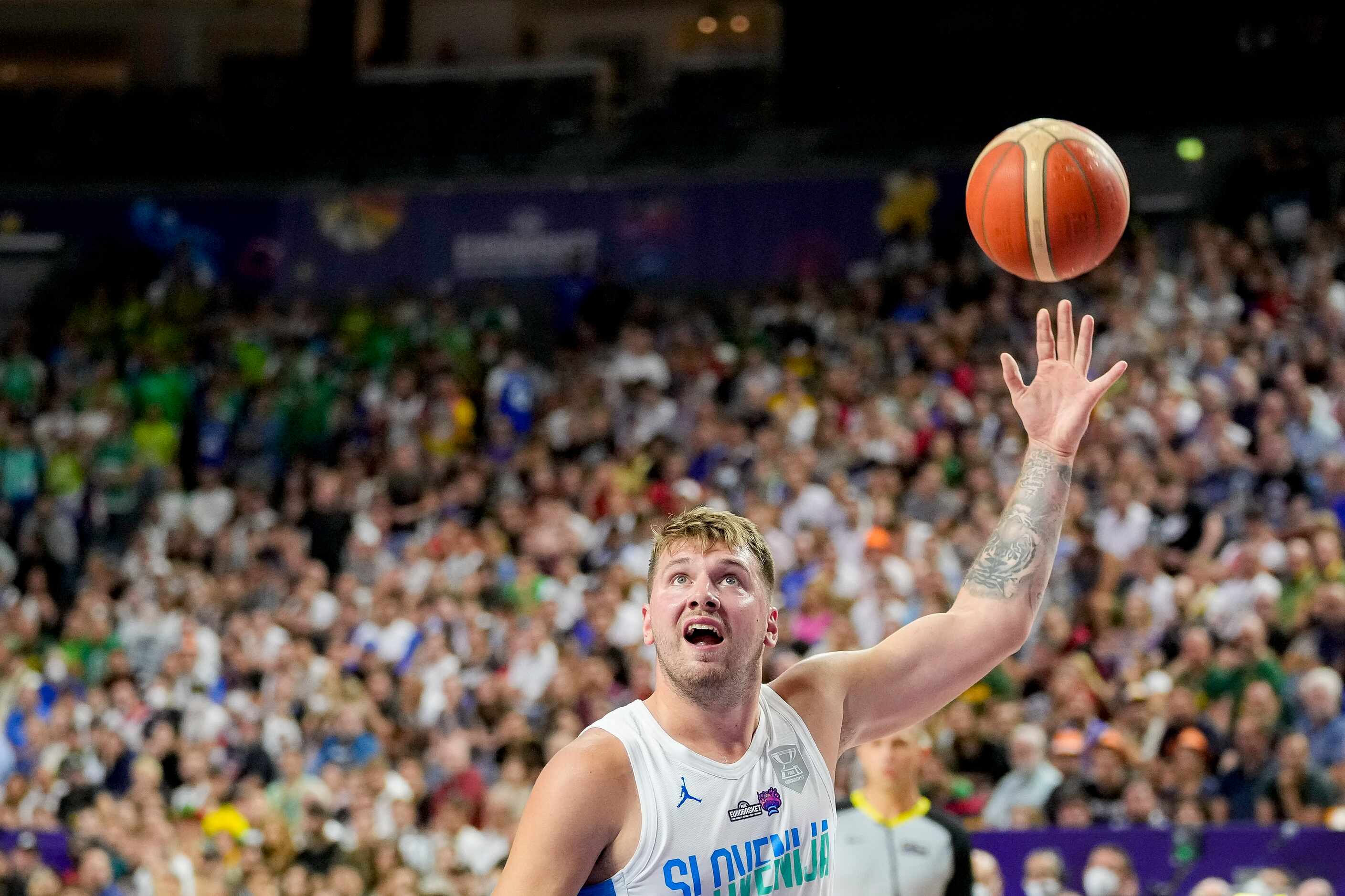 COLOGNE, GERMANY - SEPTEMBER 01: Luka Doncic of Slovenia controls the ball during the FIBA...