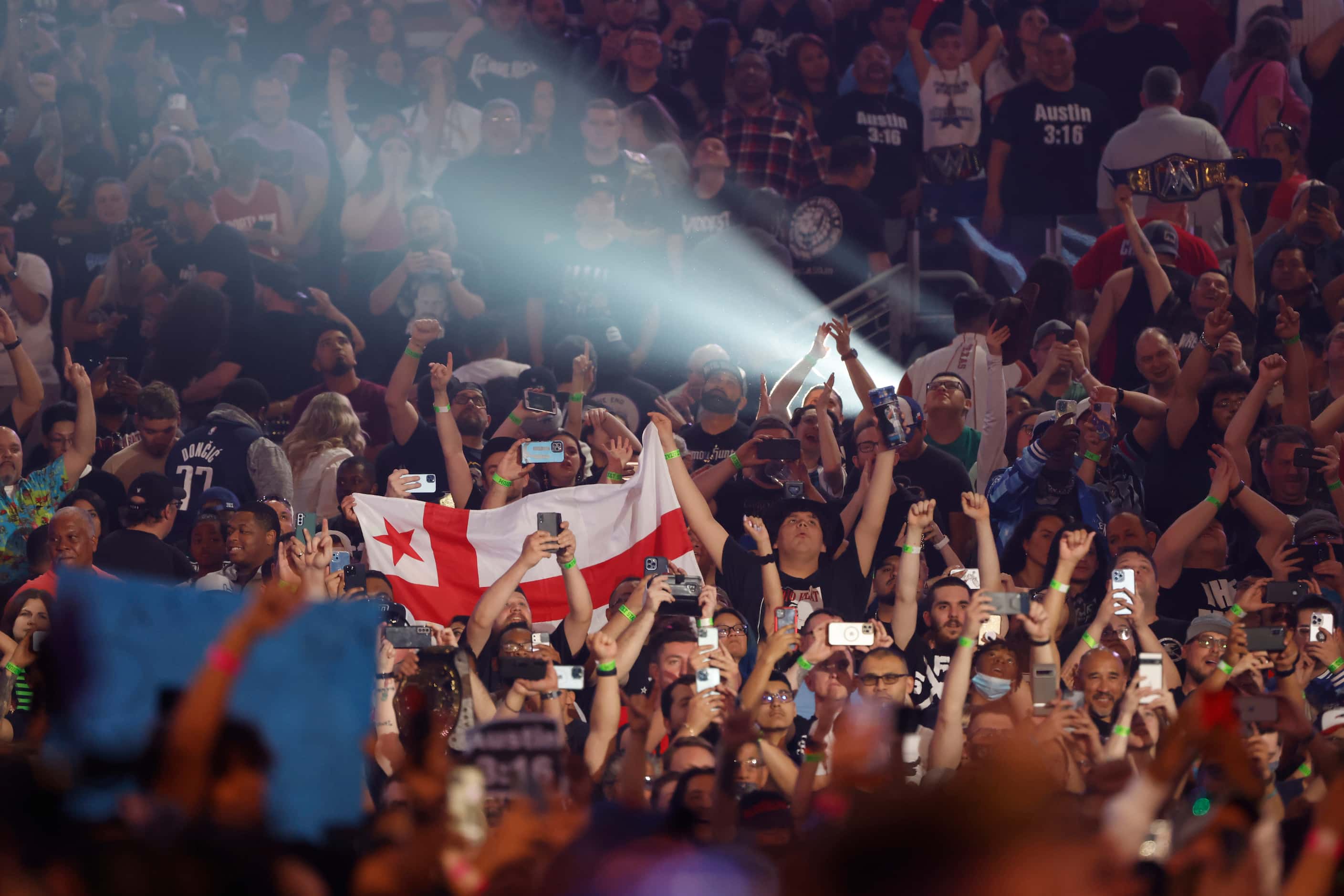 Fans cheer during WrestleMania in Arlington, Texas on Saturday, April 2, 2022. 