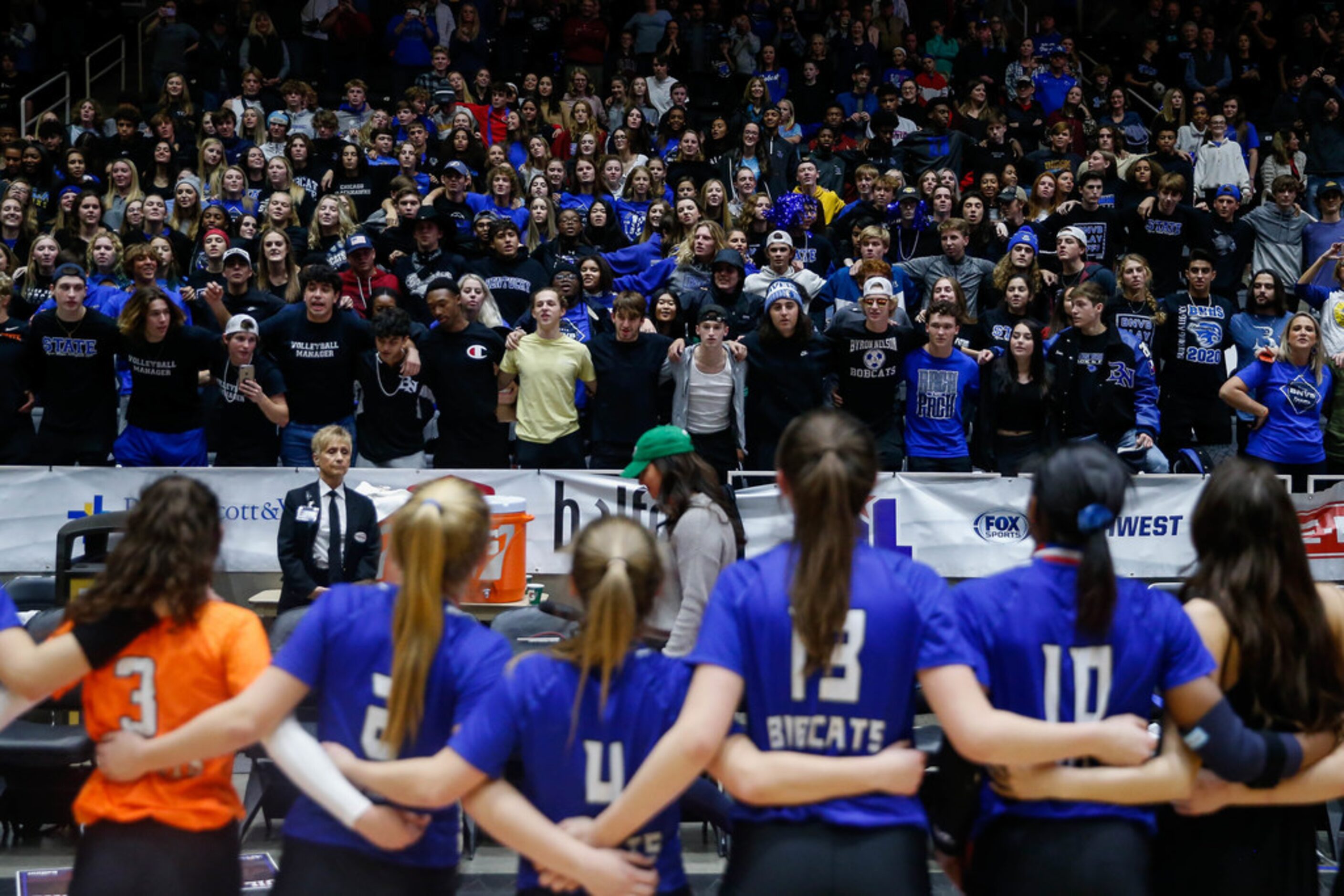 Trophy Club Byron Nelson Bobcats sing their school song with fans after winning the class 6A...